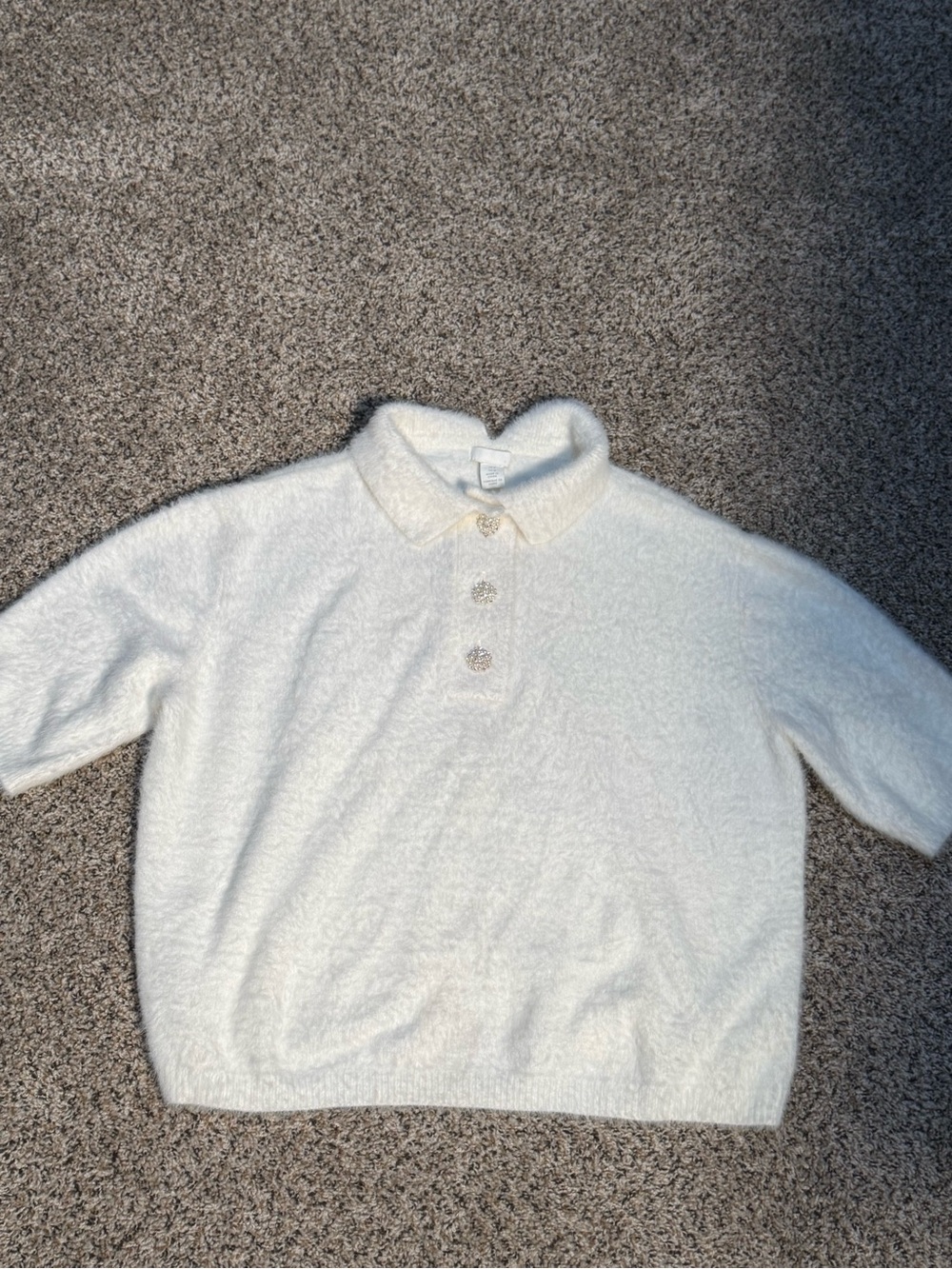 H&M White Fuzzy Polo Sweater with Pearl Cluster Buttons